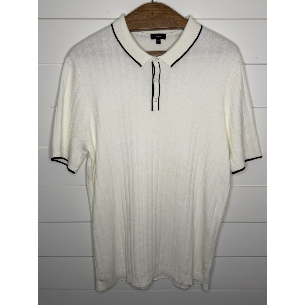 Express Mens White Ribbed Knit Short Sleeve Sweater Polo Shirt Black Trim Large